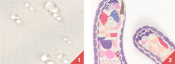 裏面は撥水加工しており、よだれの多い赤ちゃんにも安心 2サイズのスナップボタン留めでサイズ調整が可能