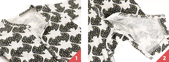 フロントスナップ仕様なので、着せ替えがスムーズに 股下もスナップ仕様なので足を動かしてもはだけない。